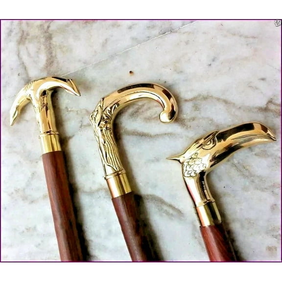 Global Antiques 3 Pcs Walking Stick Brass Handles Decorative Handmade Walking Cane Heads Topper Replacement for Gift Women and Men