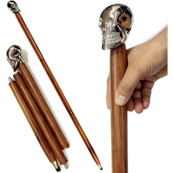 Global Antiques 38-inch Brown Wood Walking Cane with Detachable Silver Skull Handle for Men, Women, Seniors