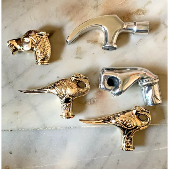Global Antiques 5 Pcs Walking Stick Brass Handles in Brass Chrome Finish Handmade Woodem Cane Handles for Gift Women and Men