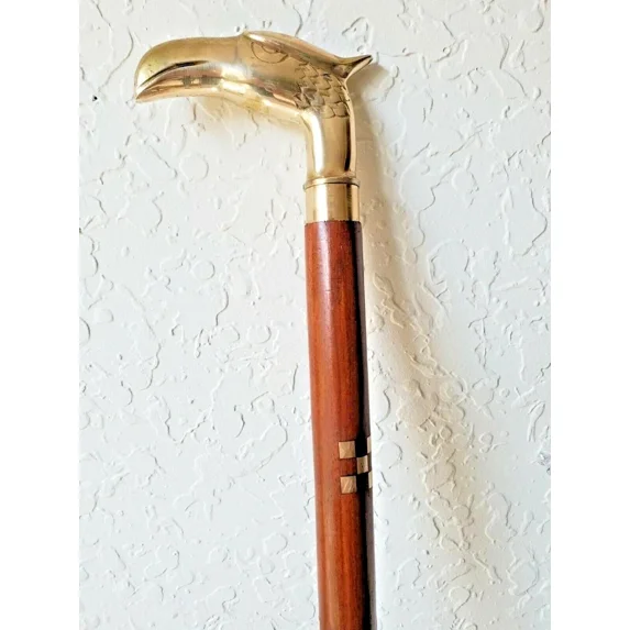 Global Antiques Vintage Eagle Head Walking Cane Antique Style Solid Brass Handle Decorative Wooden Stick, 38'', Brown