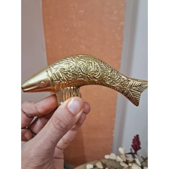 Global Antiques Gold Brass Fish Head Walking Stick Handle Only – Vintage Cane Topper Replacement for DIY Canes or Custom Walking Sticks