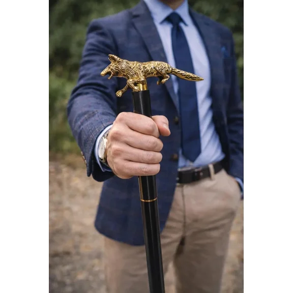 Global Antiques Gold Wolf Head Handle Walking Stick Black Wooden Cane Vintage Designer Mobility Cane for Men & Women