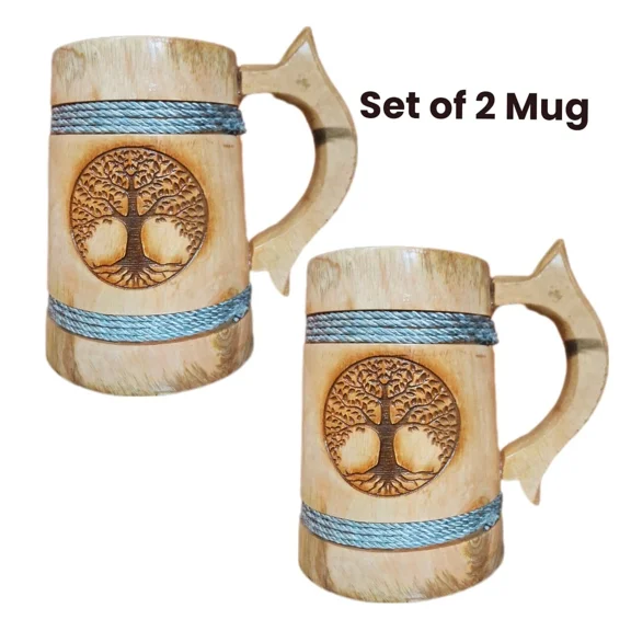 Global Antiques Handmade Wooden Cup Beer Mug With Handle Coffee Mug For Drinking Tea Office Espresso Water (Set of 2)