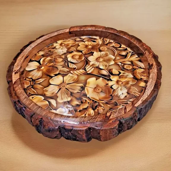 Global Antiques Handmade Wooden Serving Tray with Resin Art Center, Round Rustic Wood Platter for Food Serving, Coffee Table Decor & Kitchen Display