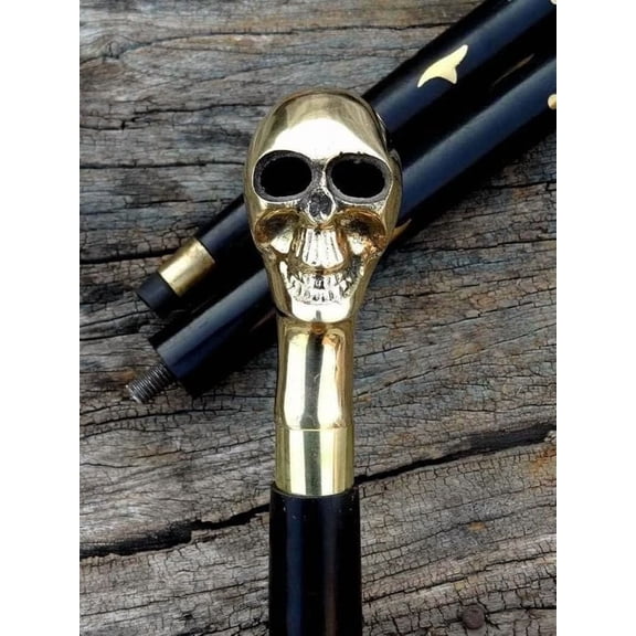 Global Antiques Victorian Stylish Brass Designer Handle Skull Head Black Wooden Walking Stick Cane - Vintage Gift for Men & Women