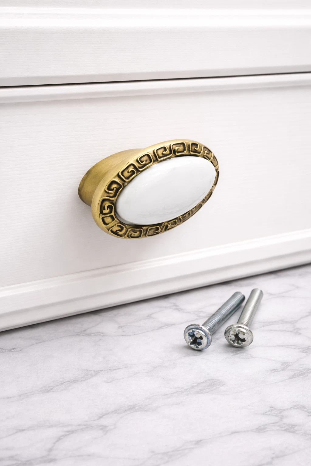 Global Antiques Vintage Oval Cabinet Knobs White Stone Drawer Pull Antique Brass Furniture Handle for Dresser Cupboard Door (Set of 6 PCS)