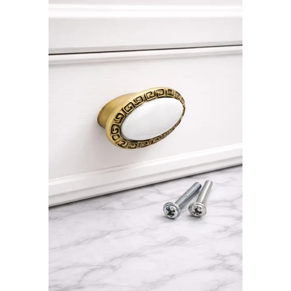 Global Antiques Vintage Oval Cabinet Knobs White Stone Drawer Pull Antique Brass Furniture Handle for Dresser Cupboard Door (Set of 6 PCS)