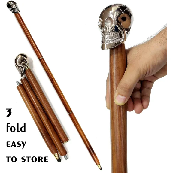 Global Antiques Vintage Walking Stick Skull Handle in Chrome Finish Handmade Walking Cane for Men & Women