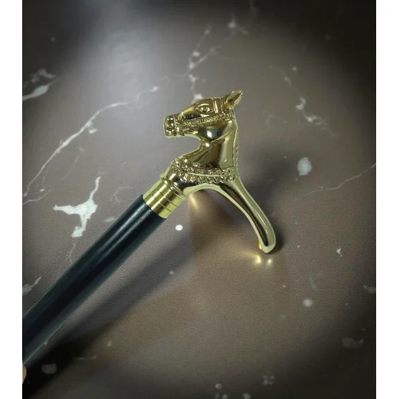 Global Antiques Vintage Wood Walking Cane with Gallop Head Horse Handle Brass for Women, Men, Seniors 38-Inch