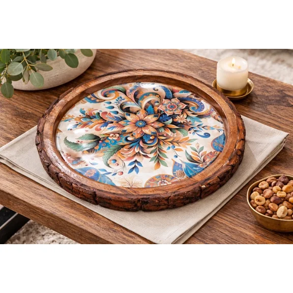 Global Antiques Wooden Resin Art Platter Decorative Wooden Serving Tray Rustic Bark Edge Floral Dining Decor Gift