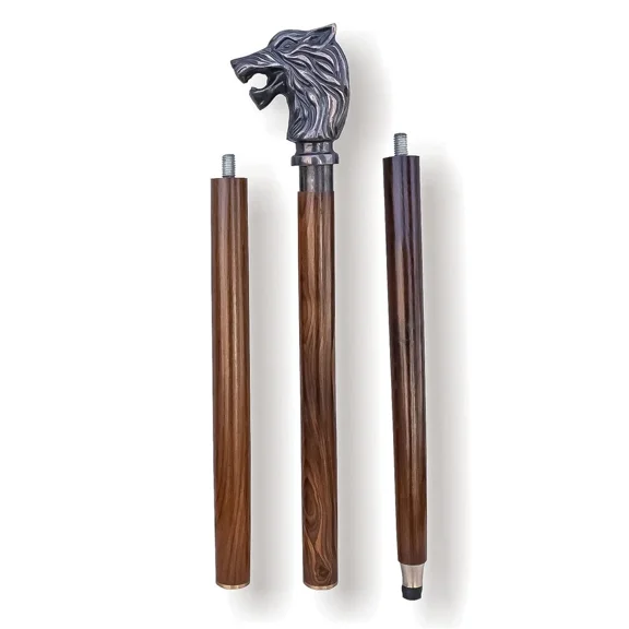 Global Antiques Antique Wolf Head Handle Wooden Folding Walking Cane, 3-Section Collapsible Stick with Metal Handle, Adult Unisex
