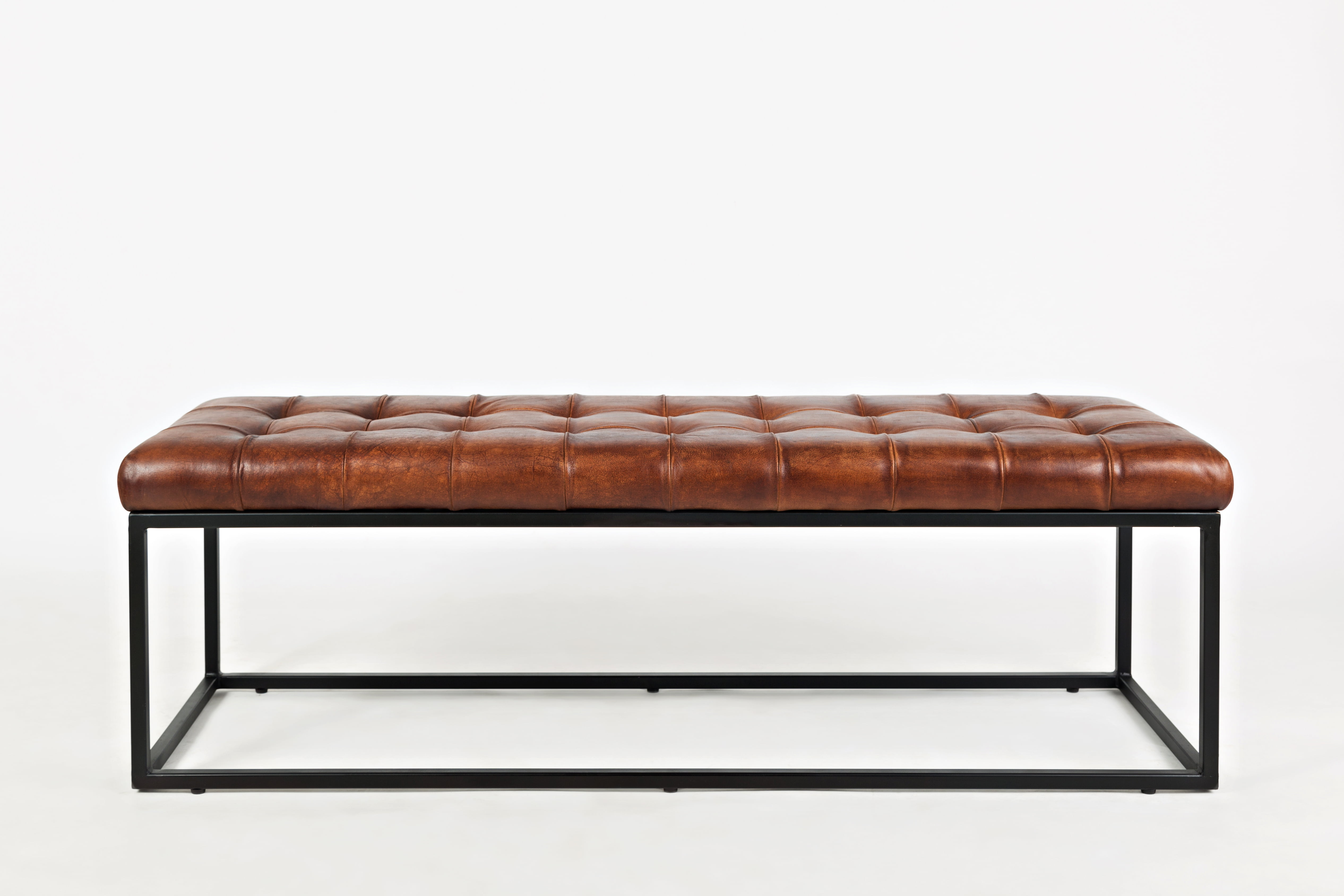 Transitional 55" Tufted Brown Leather Ottoman Bench with Metal Frame