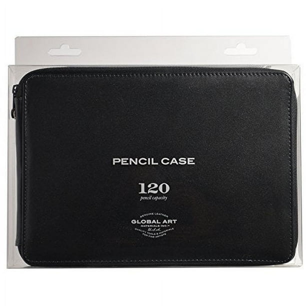 Global Art Genuine Leather Pencil Case, 120Pencil Capacity, Black