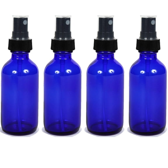 Global Cobalt Blue 2oz Black Mist Sprayer Bottle (60ml) Pack of 4 - Glass Tincture Bottles with Black Mist Sprayers for Essential Oils & More Liquids - Leakproof Travel Bottles