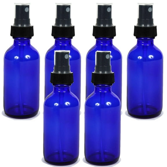 Global Cobalt Blue 2oz Black Mist Sprayer Bottle (60ml) Pack of 6 - Glass Tincture Bottles with Black Mist Sprayers for Essential Oils & More Liquids - Leakproof Travel Bottles