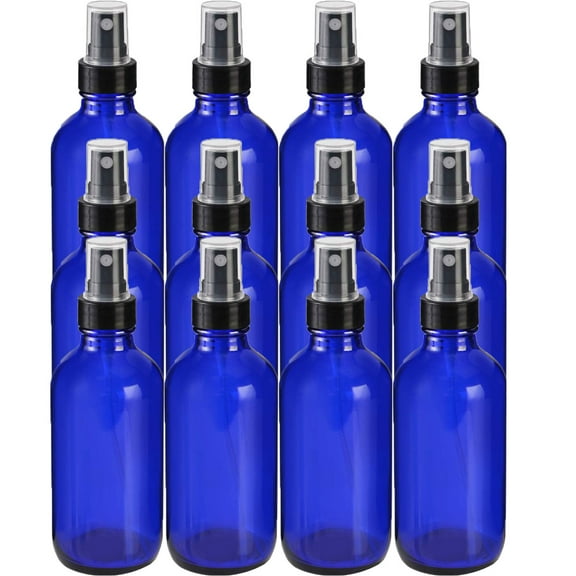 Global Cobalt Blue 4oz Black Mist Sprayer Bottle (120ml) Pack of 12 - Glass Tincture Bottles with Black Mist Sprayers for Essential Oils & More Liquids - Leakproof Travel Bottles