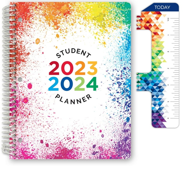 Global Datebooks Dated Elementary Student Planner for Academic Year 2023-2024 Includes Ruler/Bookmark and Planning Stickers (Block Style - 8.5"x11" - Paint Splatter)