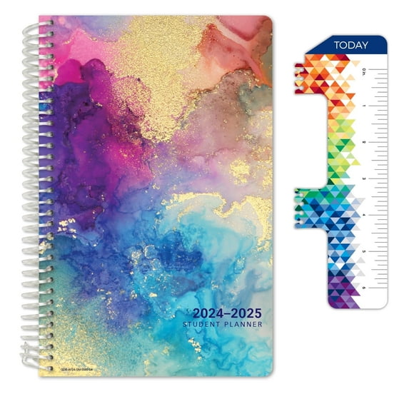 Global Datebooks Dated Middle or High School Secondary Student Planner for Academic Year 2024-2025 Includes Ruler/Bookmark and Planning Stickers (Matrix Style - 5.5"x 8.5" - Rainbow Gold Marble)