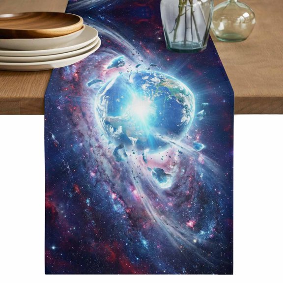 Global Explosion Cotton Linen Table Runner for Dining Kitchen, Modern Abstract Art Galaxy Universe Wedding Outdoor Party Tablerunners Decoration, Dresser Scarf Coffee Tablecloth Runners 13x120 Inches