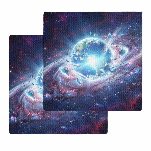 Global Explosion Kitchen Dish Towels for Drying Dishes Set of 2, Modern Abstract Art Galaxy Universe Waffle Weave Microfiber Hand Tea Bathroom Towels Quick Dry & Absorbent Towel 12x12
