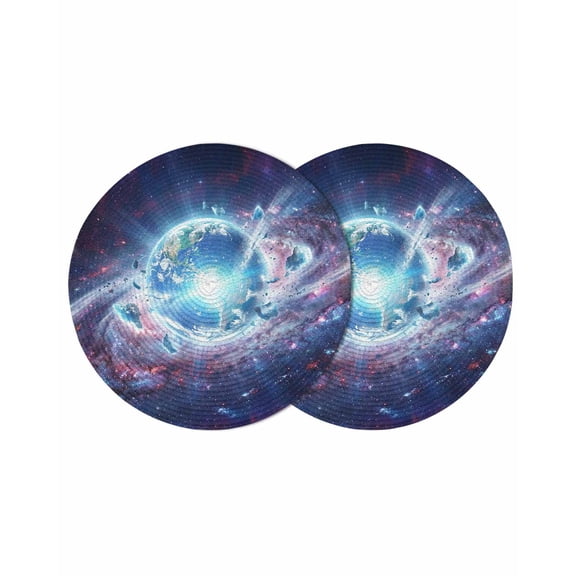 Global Explosion Round 13 Inch Placemats Set of 2, Modern Abstract Art Galaxy Universe HeatResistant Non Slip Place Mats for Dining Table, Wipeable Braided Kitchen Table Mats for Housewarming