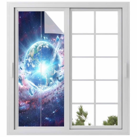 Global Explosion Window Privacy Film, Modern Abstract Art Galaxy Universe Static Cling UV Sun Blocking Heat Control Window Tint Day and Night, Non-Adhesive One Way Windows Privacy Cover 23.6''x59''