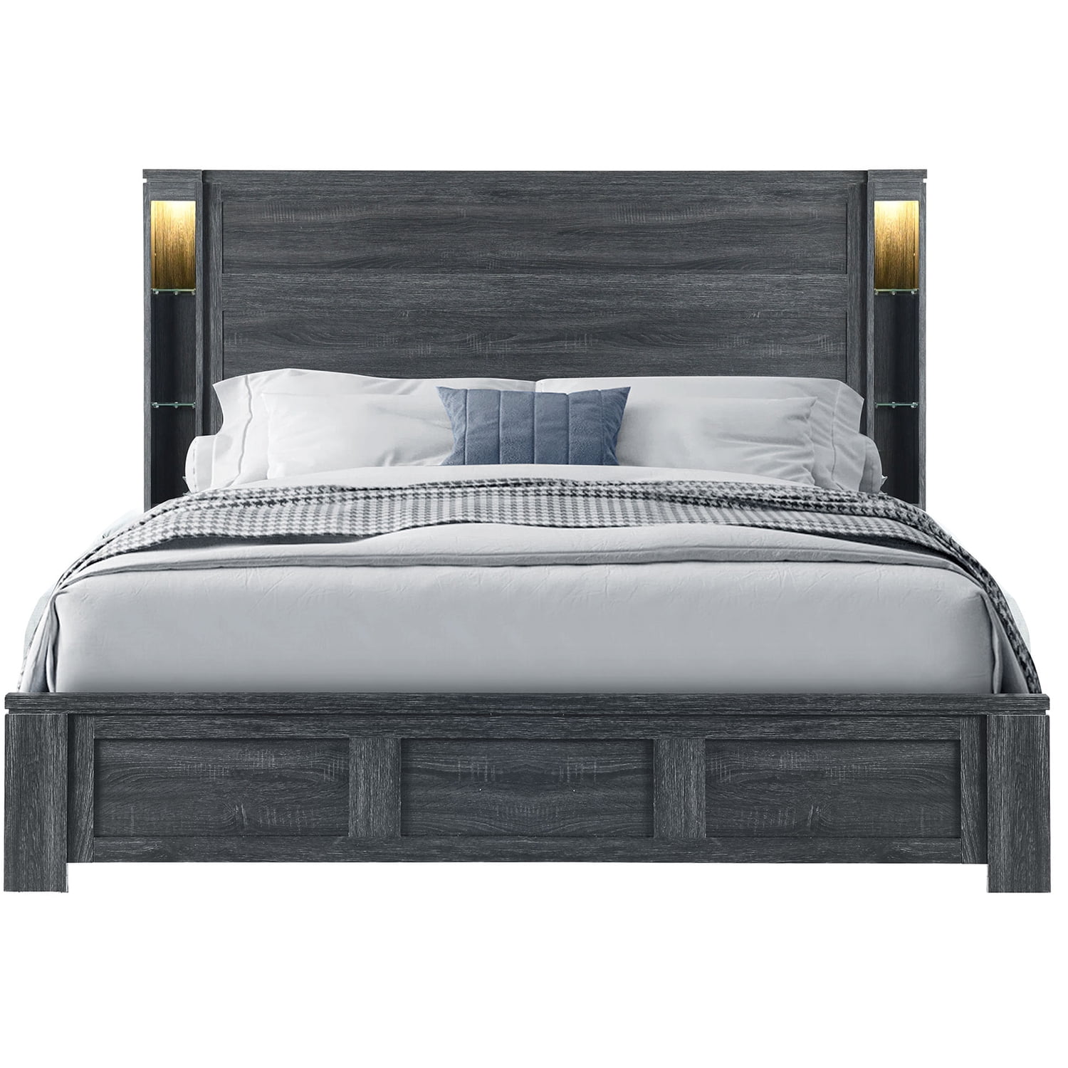 King Dark Gray Oak Wood Frame Bed with Headboard and Drawer