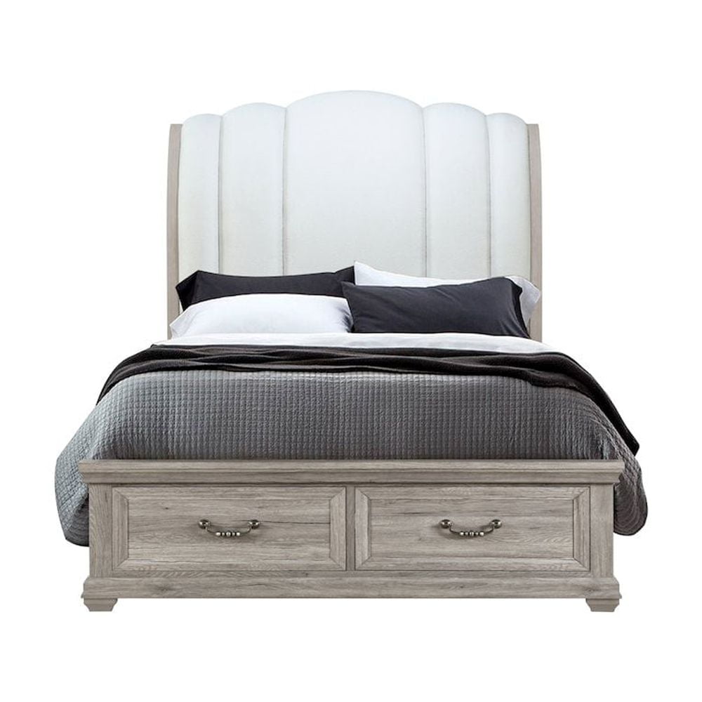 Gray Upholstered Queen Bed with Storage Drawers