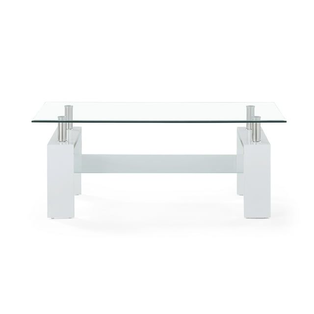 Global Furniture Rectangle Glossy White Coffee Table with Clear Glass Top