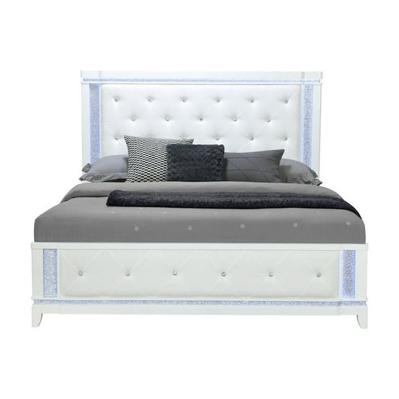 Global Furniture USA Alina White Wooden Tufted King Bed with LED