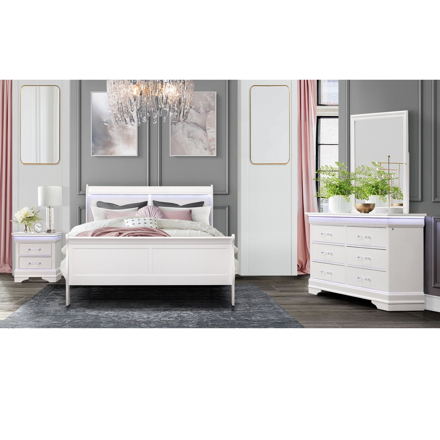 Charlie White Wood King Bed with LED Lighted Headboard and Storage Drawers