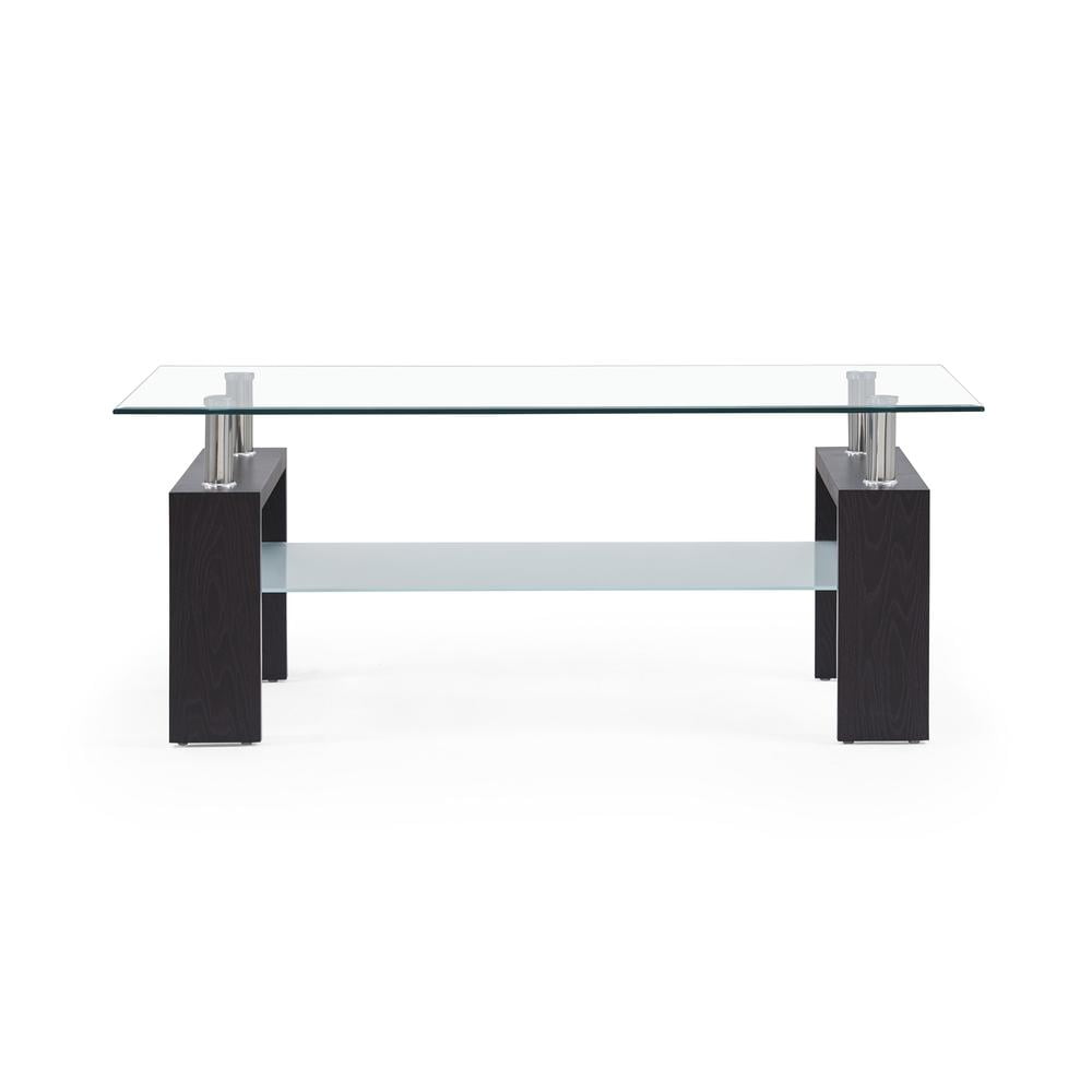 Modern Dark Walnut Rectangular Coffee Table with Glass Top and Storage