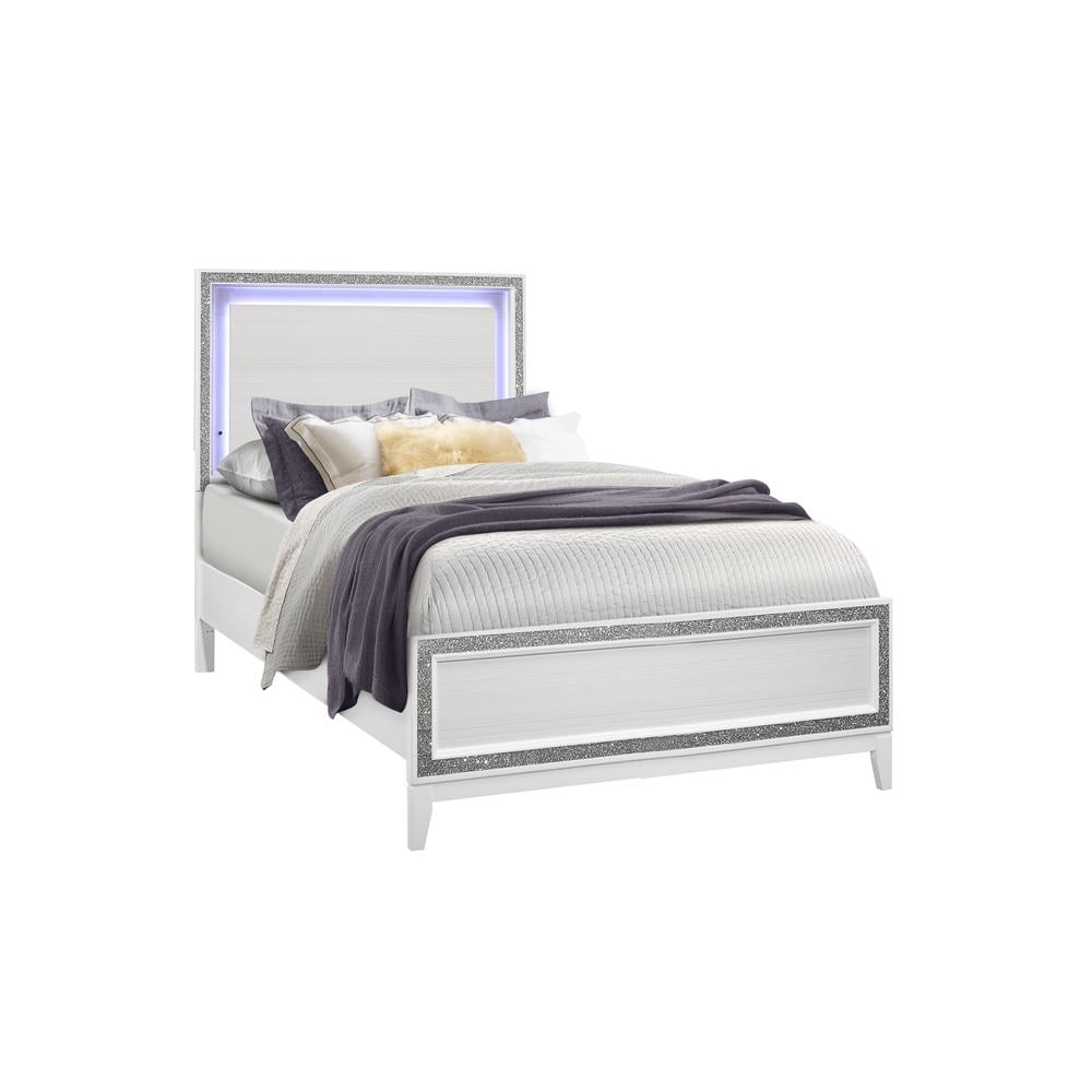 Global Furniture USA Lily White Wood Full Bed LED with Crushed Crystal Accent