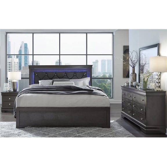 POMPEI METALLIC GREY QUEEN BED GROUP WITH LED