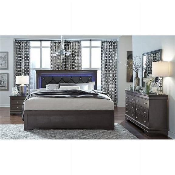 Global Furniture USA POMPEI-GR-KB W-LED DR MR NS Pompei King Size Bedroom Set, Gray - 4 Piece