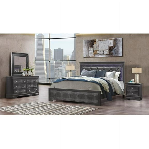 Global Furniture USA Pompei Metallic Dark Gray Queen Size Bed Group with LED