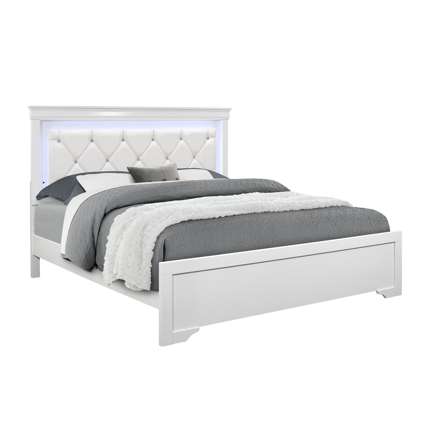 Pompei Queen Bed with LED and Crystal Tufted Headboard in Metallic White