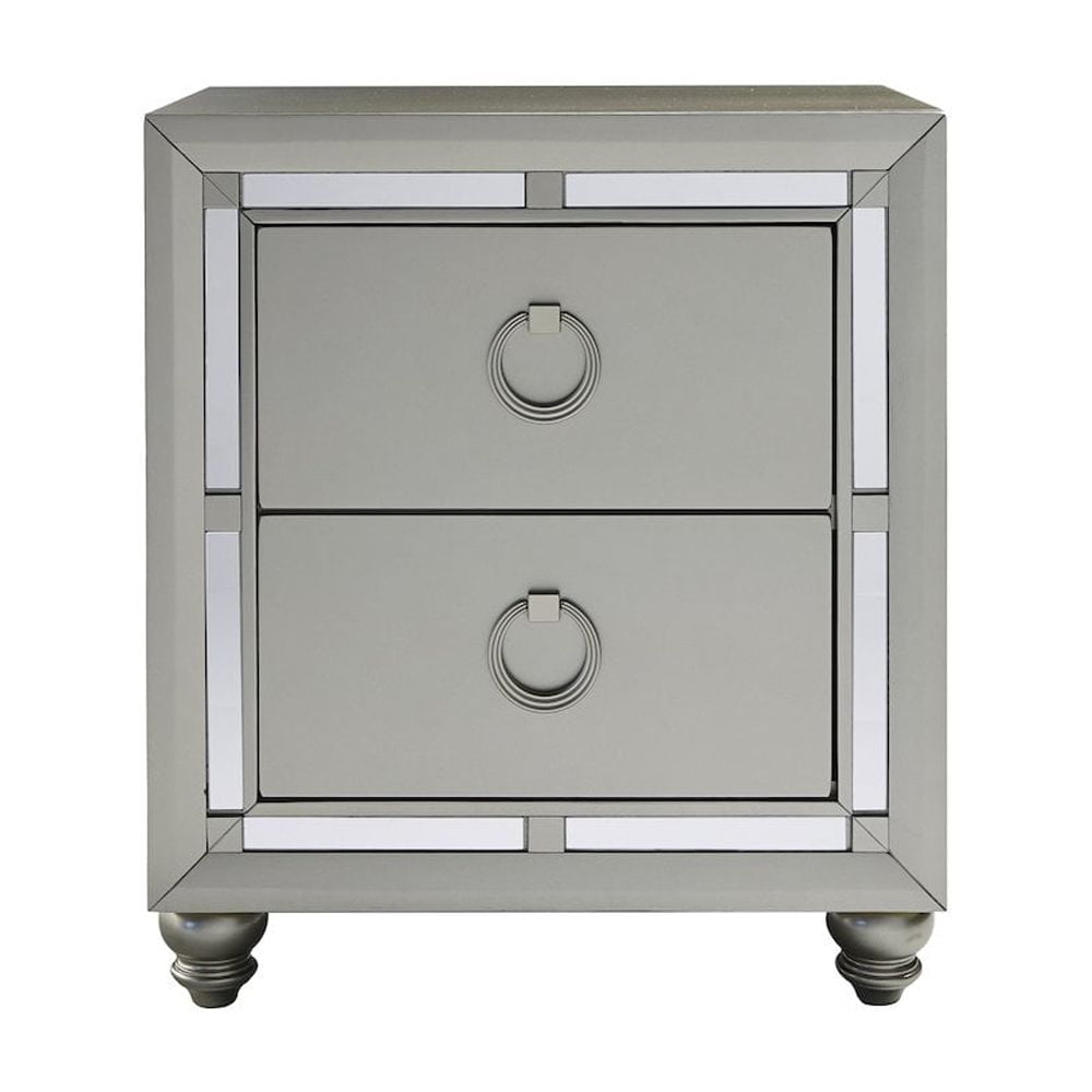 Silver Mirrored 2-Drawer Nightstand with Ring Pulls