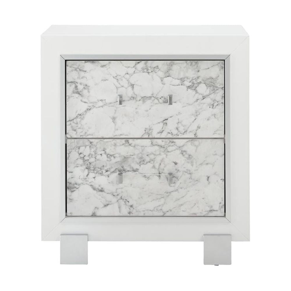 Santorini Modern White Faux Marble 2-Drawer Nightstand
