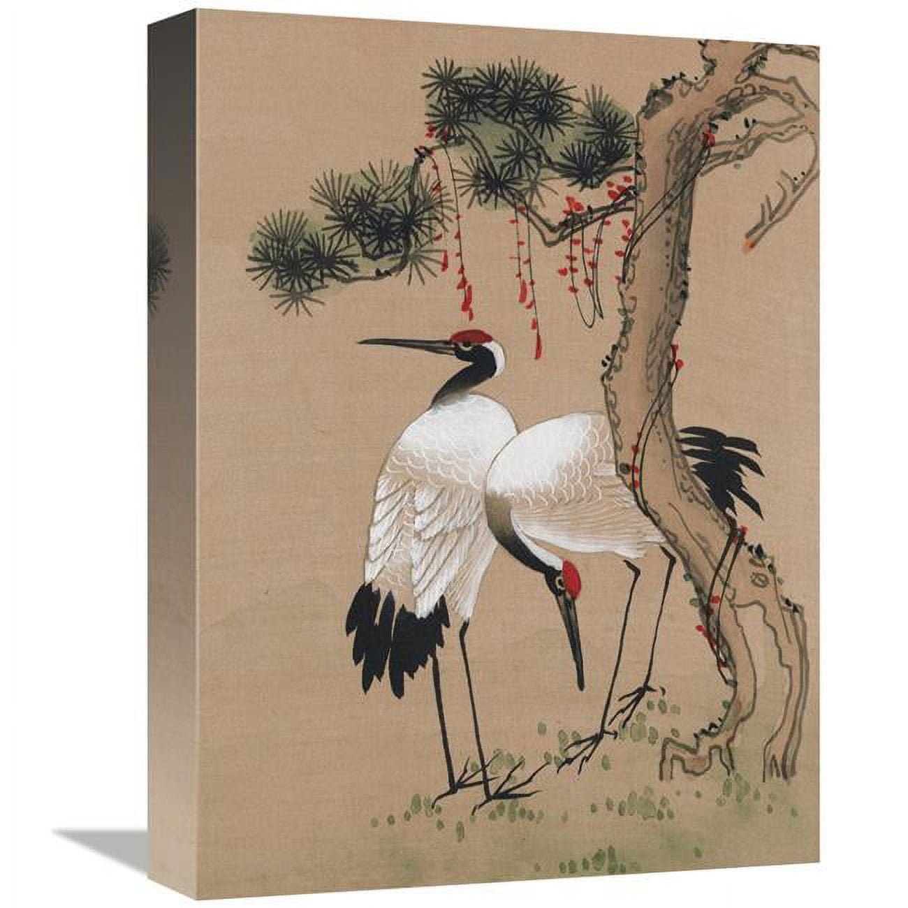 Two Cranes Beige Canvas Wall Art with Wooden Frame