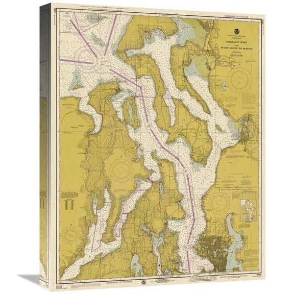 Global Gallery 22 in. Nautical Chart - Admiralty Inlet & Puget Sound to Seattle CA. 1975 - Sepia Tinted Art Print - NOAA Historical Map & Chart Collection