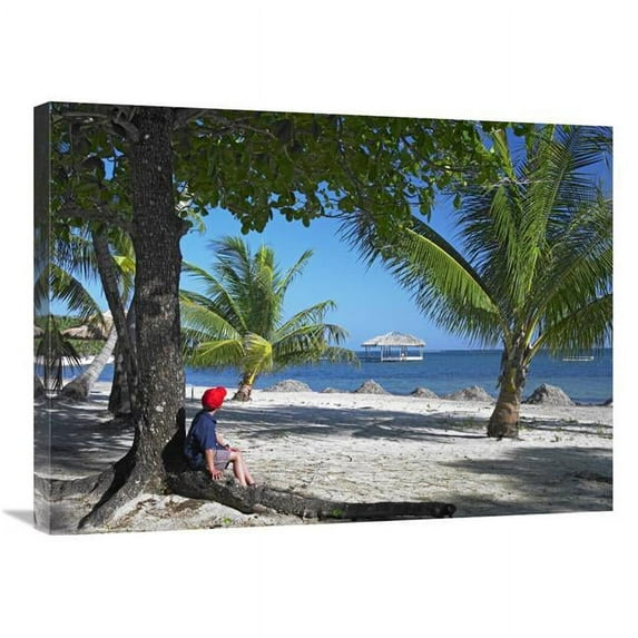 Global Gallery 24 x 32 in. Tourist Resting Under Palm Trees on Beach at Palmetto Bay - Roatan Island - Honduras Art Print - Tim Fitzharris