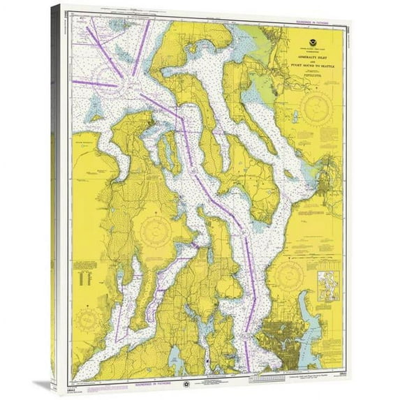 Global Gallery 36 in. Nautical Chart - Admiralty Inlet & Puget Sound to Seattle CA. 1975 Art Print - NOAA Historical Map & Chart Collection