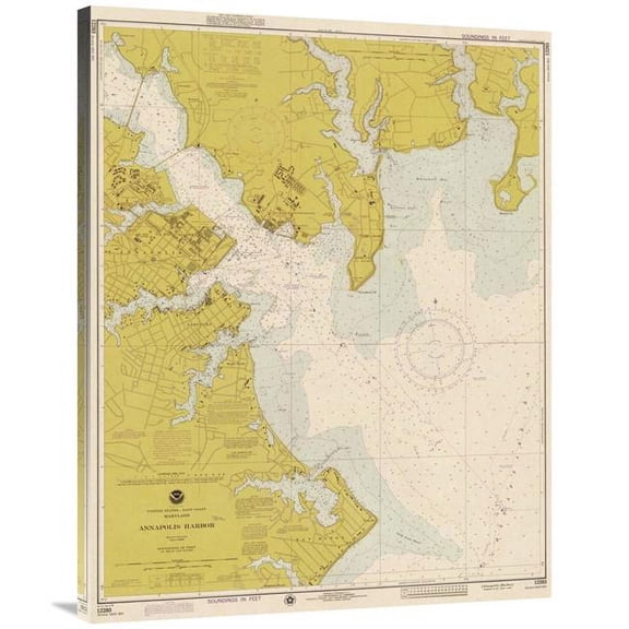 Global Gallery 40 in. Nautical Chart - Annapolis Harbor CA. 1975 - Sepia Tinted Art Print - NOAA Historical Map & Chart Collection