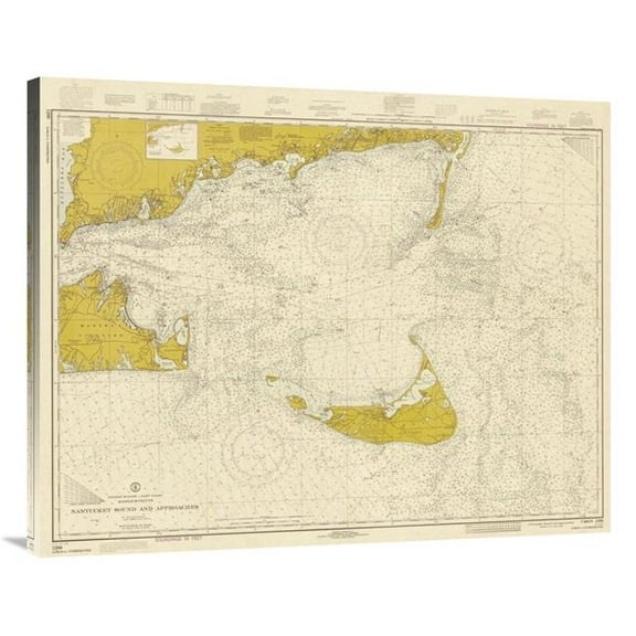 Global Gallery 40 in. Nautical Chart - Nantucket Sound & Approaches CA. 1973 - Sepia Tinted Art Print - NOAA Historical Map & Chart Collection