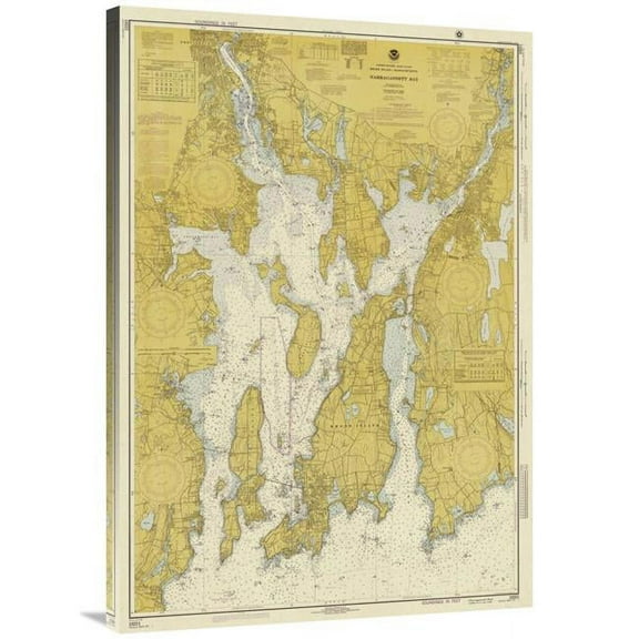 Global Gallery 40 in. Nautical Chart - Narragansett Bay CA. 1975 - Sepia Tinted Art Print - NOAA Historical Map & Chart Collection