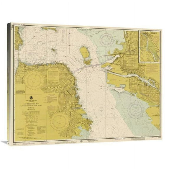 Global Gallery 40 in. Nautical Chart - San Francisco Bay CA. 1975 - Sepia Tinted Art Print - NOAA Historical Map & Chart Collection