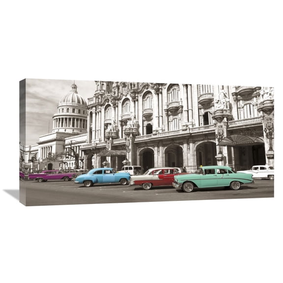 Global Gallery  Anonymous Vintage American cars in Havana, Cuba Stretched Canvas Artwork 18 H x 36 W