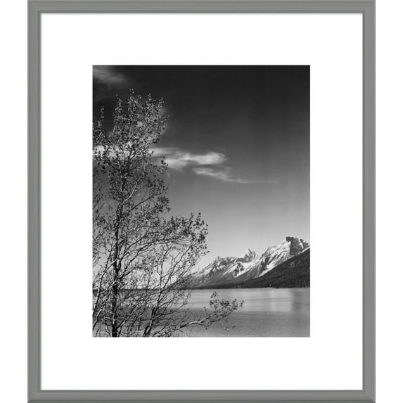 Global Gallery Ansel Adams 'View of mountains with tree in foreground, Grand Teton National Park, Wyoming, 1941' Framed Wall Art