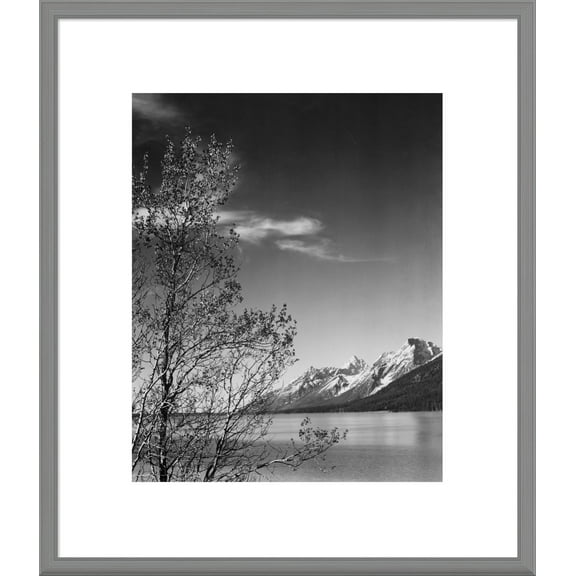 Global Gallery Ansel Adams 'View of mountains with tree in foreground, Grand Teton National Park, Wyoming, 1941' Framed Wall Art